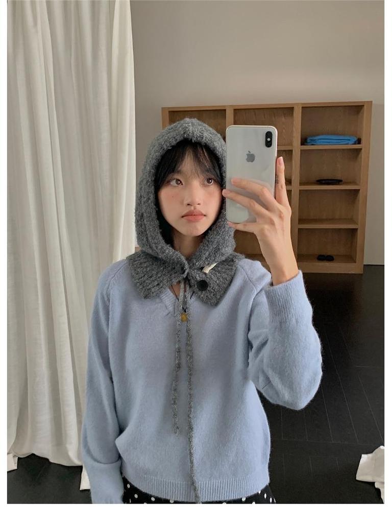 Women's Blue Knitted Wool Balaclava Scarf: Warm Ear Protection for Autumn & Winter