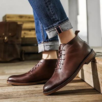 Men's Retro Cowhide High Top Leather Boots, Business Round Toe Leather Shoes Chelsea Boots