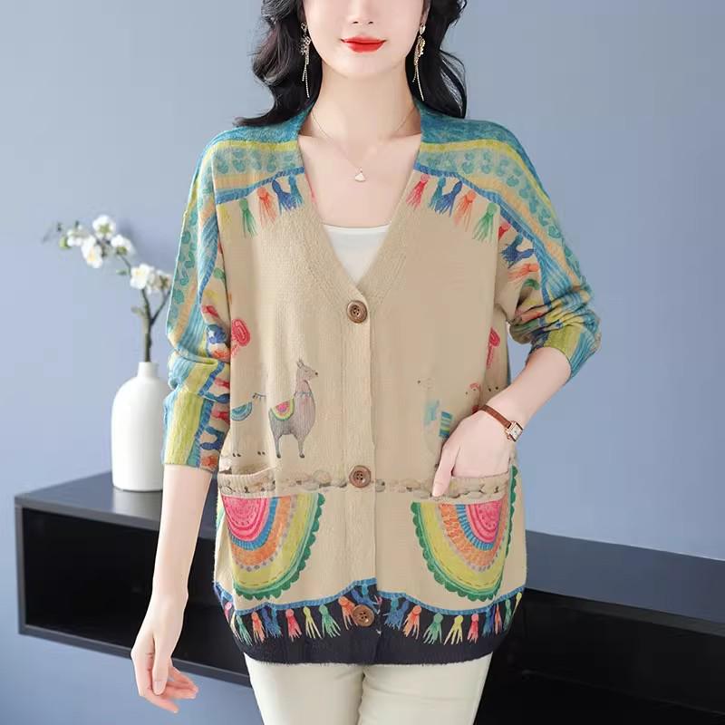 2024 Autumn/Winter V-Neck Mink Velvet Printed Loose Casual Single-breasted Coat