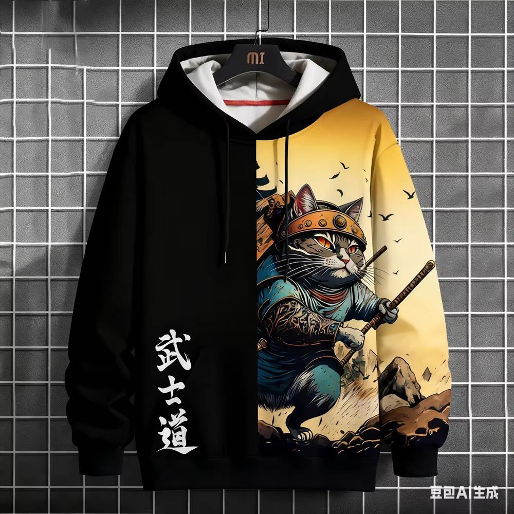 Bushido Sports Men's Hoodie, Funny 3D Samurai Cat Pattern Autumn Winter Casual Loose Streetwear
