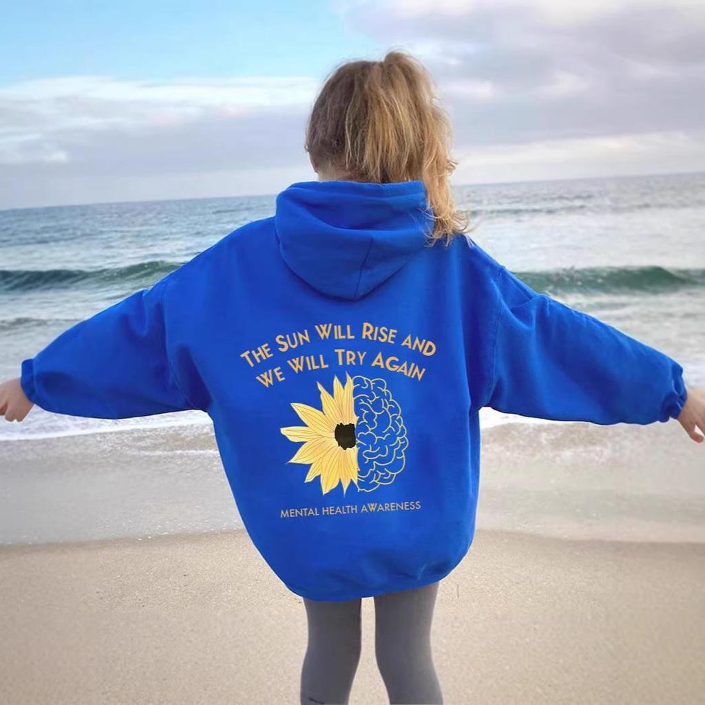 2025 Spring & Autumn Sunflower Printed Hoodie with Drop Shoulder Sleeves