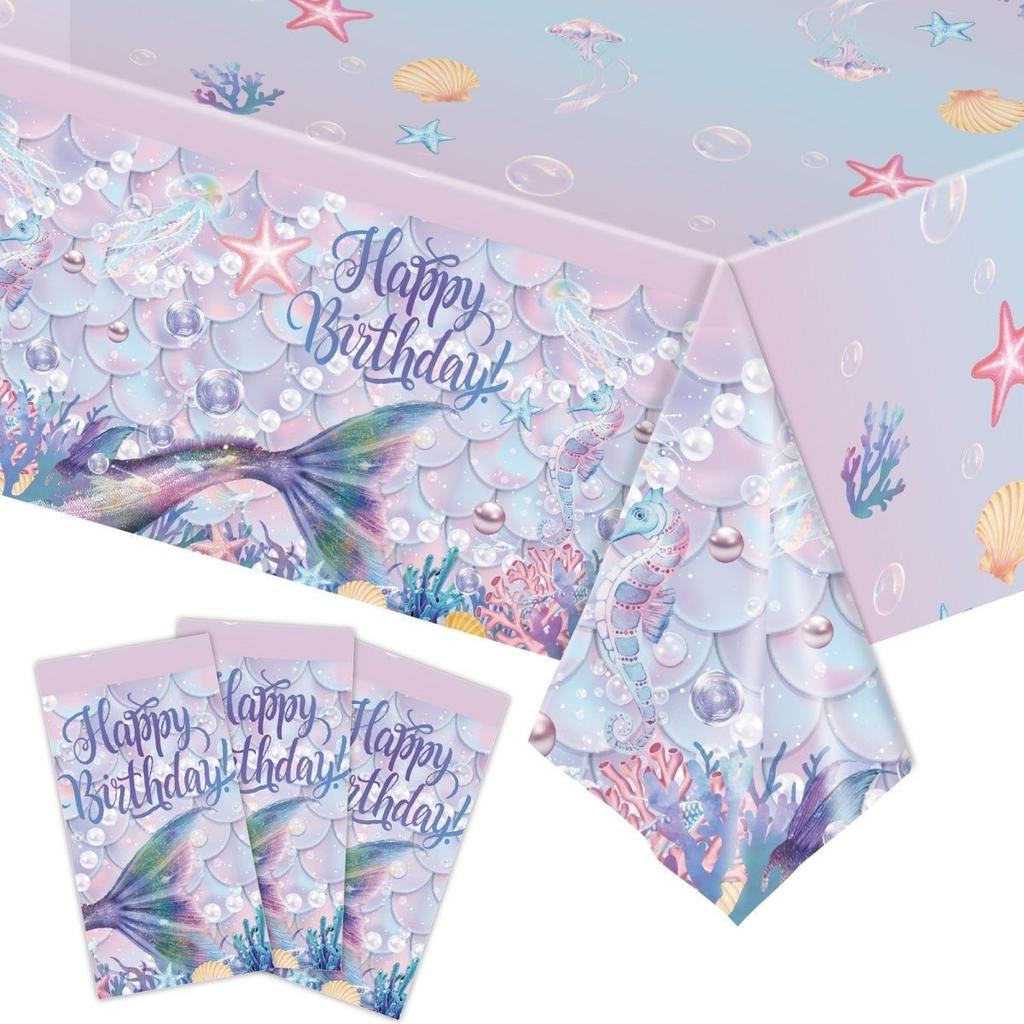 Purple Fish-Scale Mermaid-Themed Party Decoration Set: Disposable Mermaid-Tail Tablecloths, Paper Cups, Napkins, and Plates for Girls' Birthdays
