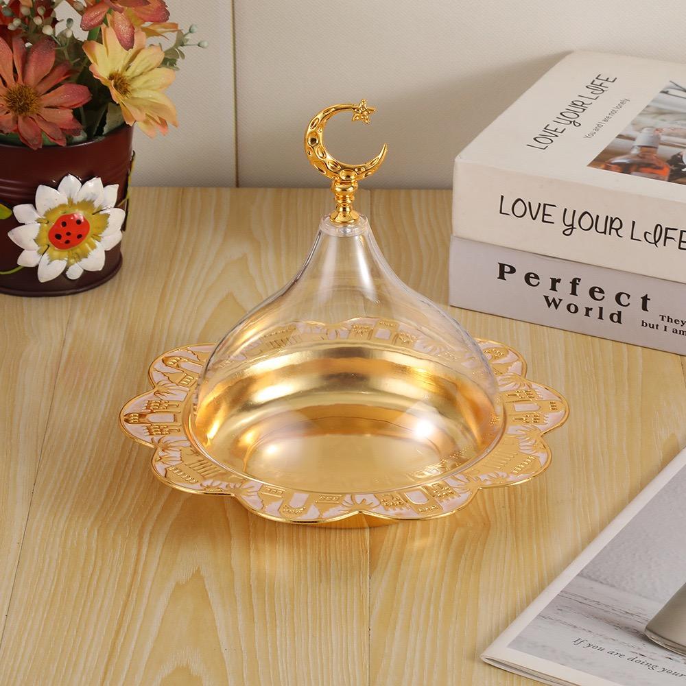 Eid al-Fitr Circle Shape Fruit Tray,Golden With lid Acrylic Alloy Tea Disc Home Cheese Food Plate,Snack Disc Table Decoration