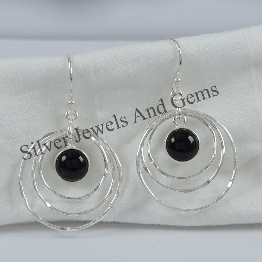 Hammered 925 Sterling Silver Black Onyx Earrings, Handmade December Birthstone