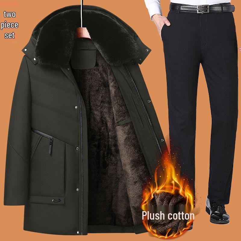 Dad's Winter Outfit: Velvet Thickened Cotton Jacket for Middle-Aged Men, Warm Mid-Length Padded Jacket for 50+