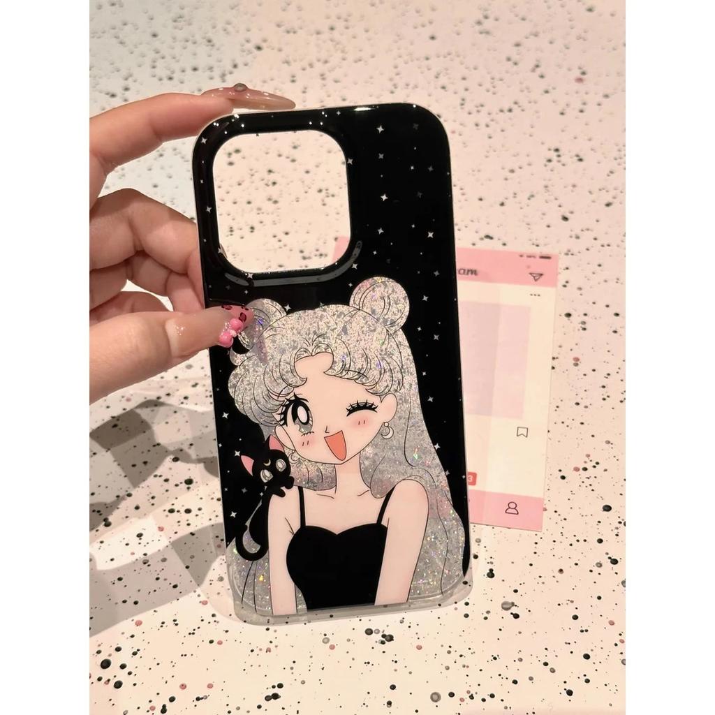 Hollow Black Cat Beauty Girl for Apple 17/16pro Mobile Phone Case iPhone 15IMD Glitter 13 Cartoon 14