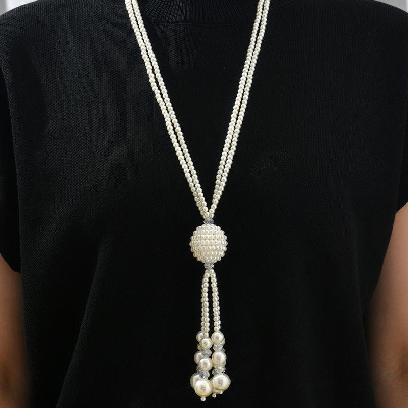

Vintage Pearl Long Necklace, Faux Pearl Tassel Pendant, Elegant Versatile Statement Dangle Jewelry for Women 70cm белый