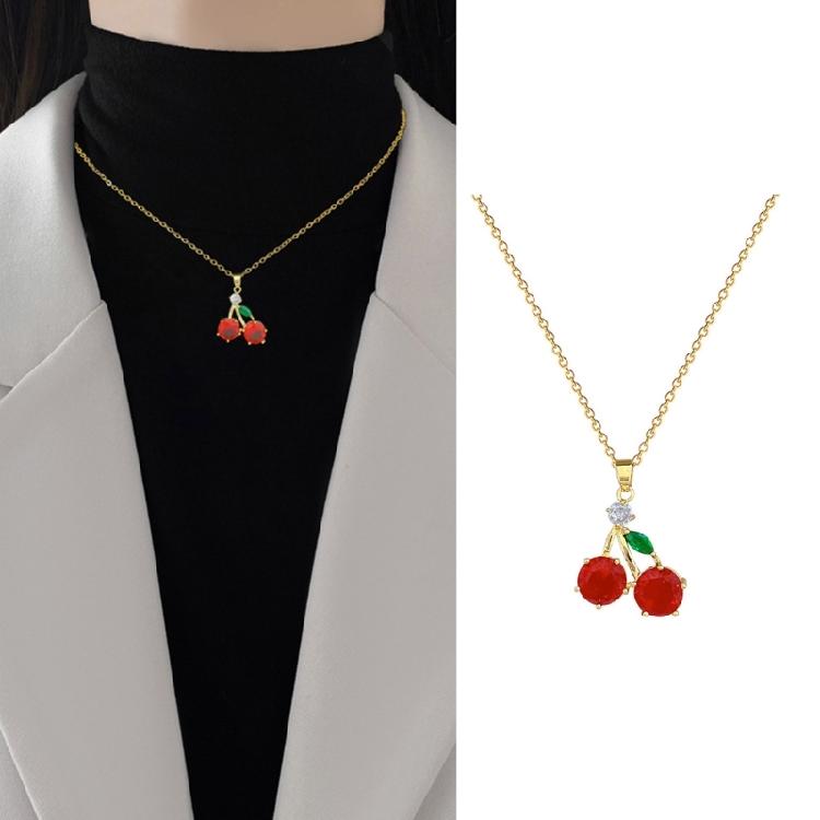 Vibrant Zircon Cherries Pendant Necklace Fashionable Cherries Designs Necklace Zircon Pendant Neckchain For Women