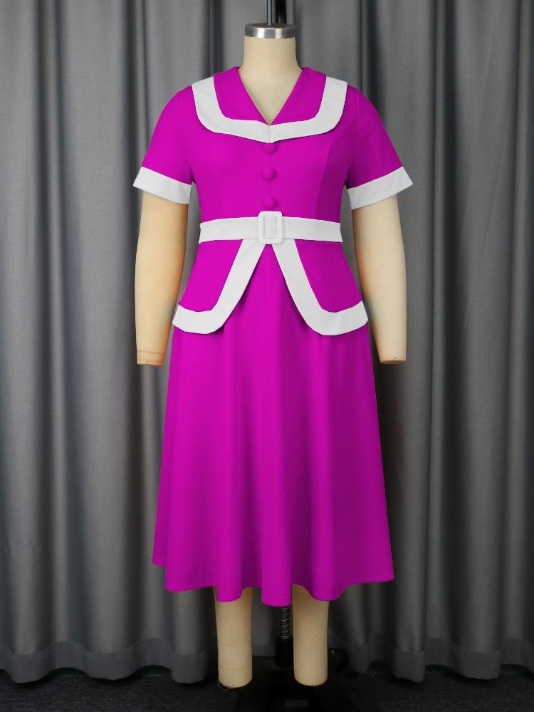 

AOMEI Pink Women Long Dresses Patchwork Turn Down Collar Short Sleeves High Waist Midi A Line Dress 4XL рожевий червоний колір