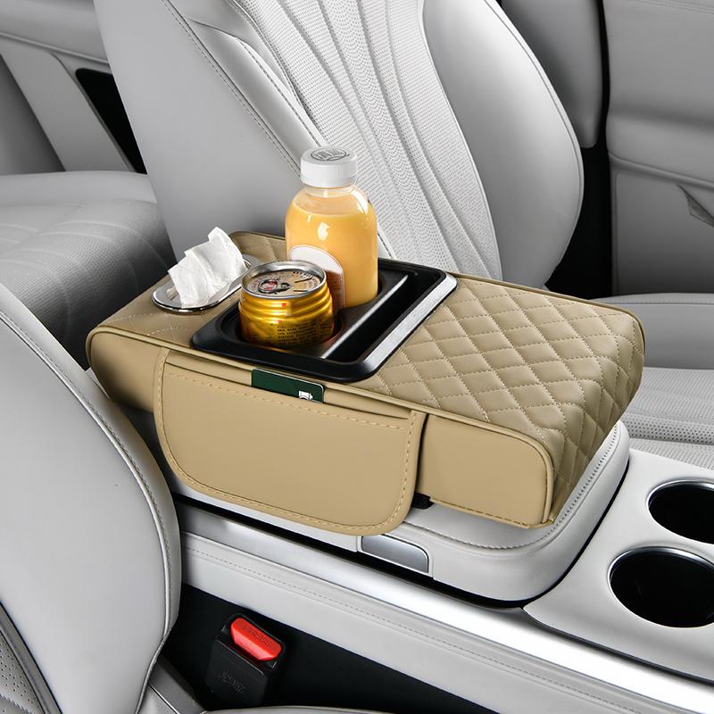 Portable Center Console Armrest Cushion Leather With Cup Holder Tissue Box Car Armrest Pillow Multifunctional Parts & Accessorie