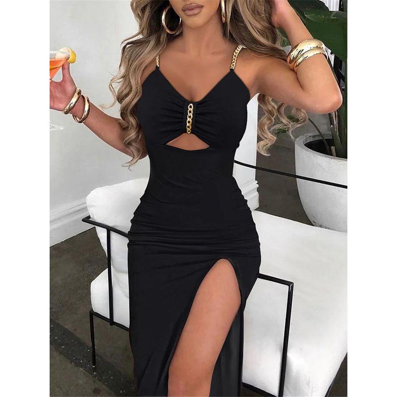 Fashion High Slit Chain Hollow-out Sheath Sleeveless V-neck Women's Sling Slim fit Formal Dress Sexy dresses for women Dresses