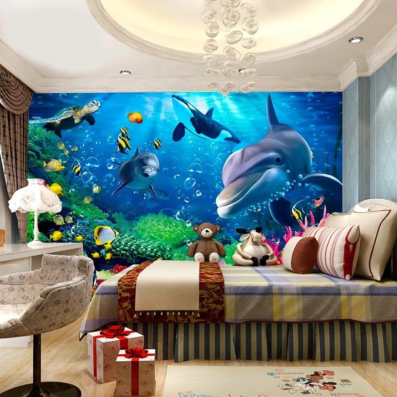 Underwater World 3d Wallpaper Dolphin Cartoon 3d Wall Mural Children Room Bedroom Photo Wall Paper