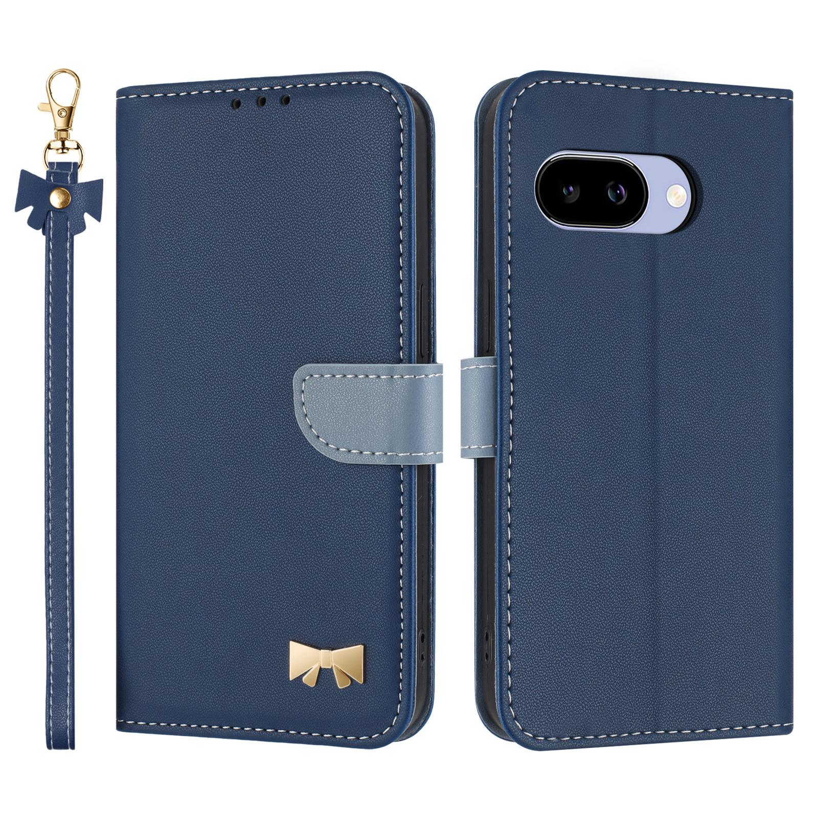 

For Google Pixel 9a Case Bowknot Decor Wallet Leather Phone Cover with Wrist Strap Dark Blue