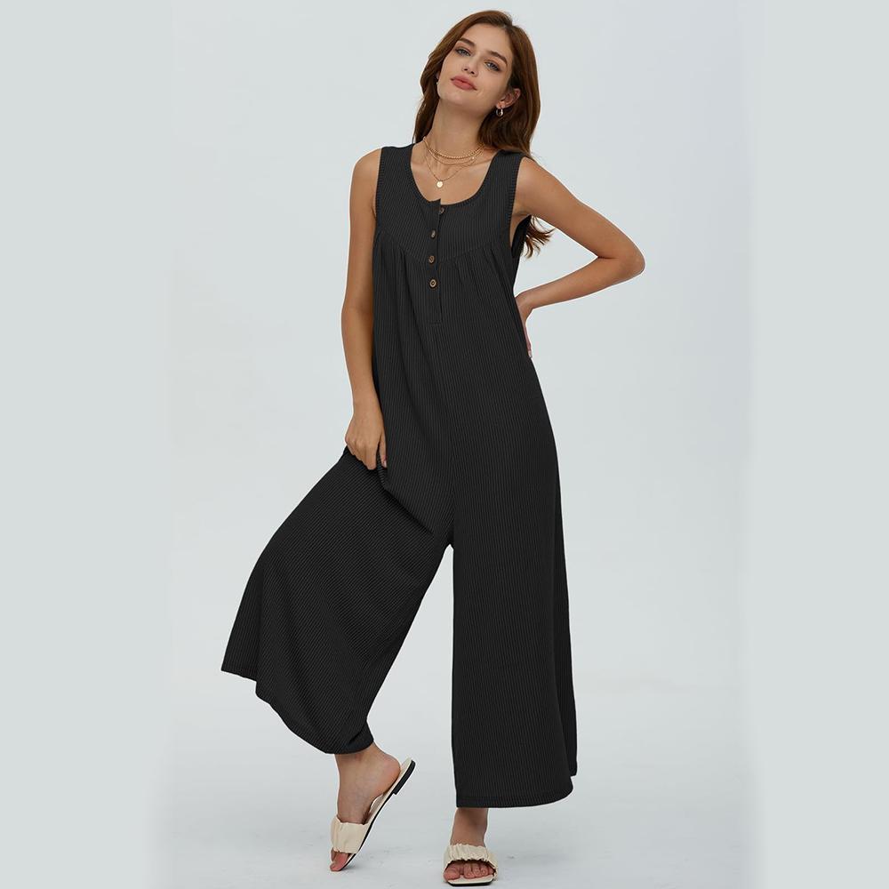 

Женские повседневные свободные комбинезоны Цельные комбинезоны без рукавов на пуговицах с карманами Летние однотонные дышащие легкие комбинезоны с широкими штанинами и длинными брюками 2XL чёрный
