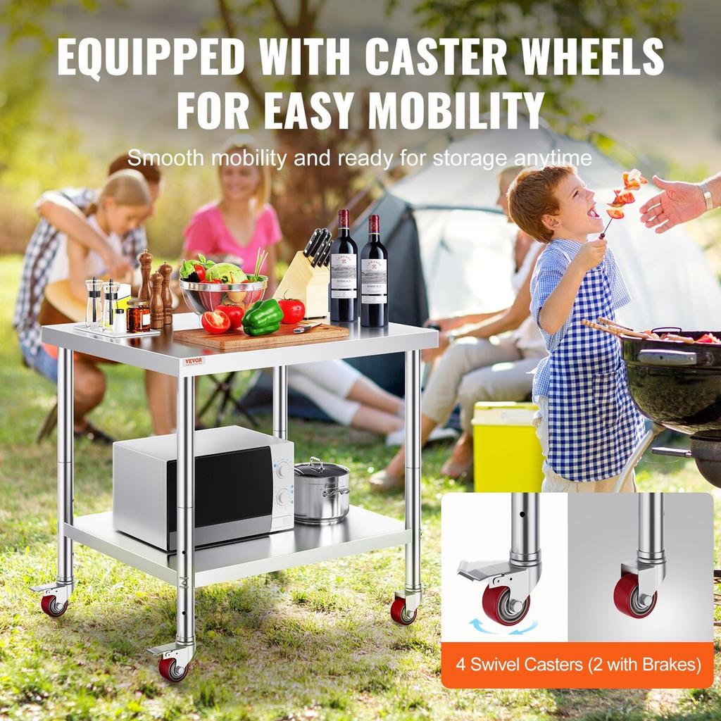 Stainless Steel Catering Work Table 30x36 Inch Commercial Kitchen Table with 4 Wheels Commercial Food Prep Workbench With Flexible Adjustment Shelf