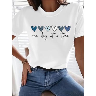 Europäische Größen Einfaches Herz Grafikdruck T-Shirt, kurzärmliges Rundhals Freizeit-Oberteil für Sommer & Frühling, Damenbekleidung