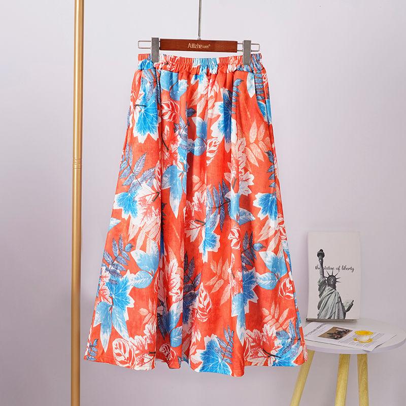Floral Half Length Skirt for Women Spring/Summer Long Style High Waist Retro Elastic Long Length Skirt