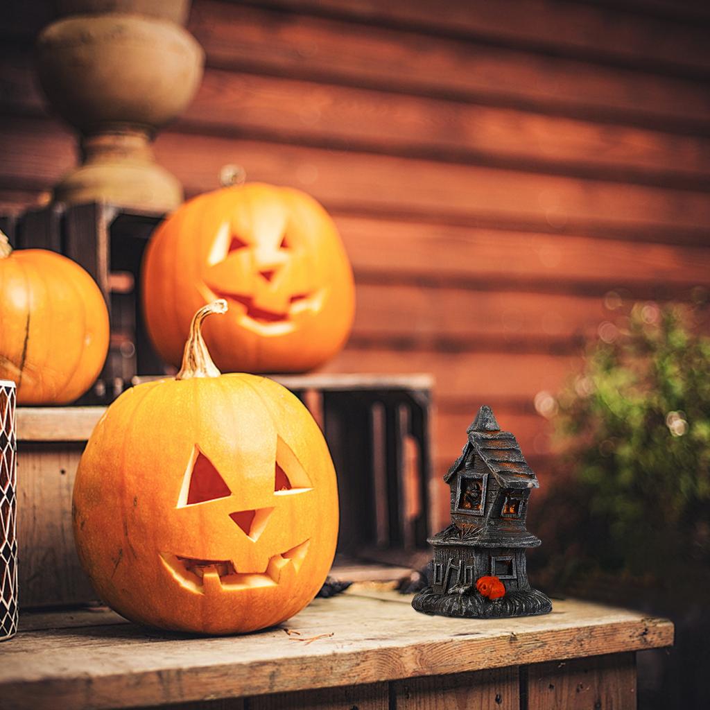 1pc Haunted House Halloween Ornament Retro Resin Decor Scary Light Up Led Lamp For Party Home Decor Halloween Adornments