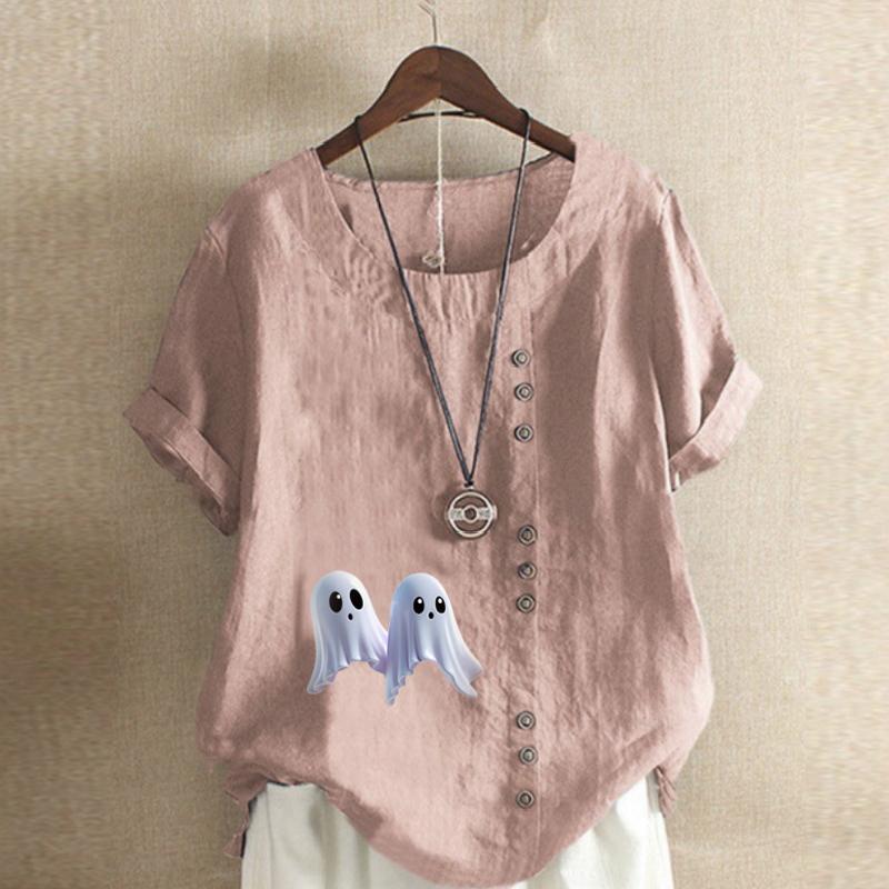 Women's Fashion Ghost Prined Short Sleeve T-shirt Loose Cotton Shirt Casual Loose Summer Blouse Tops