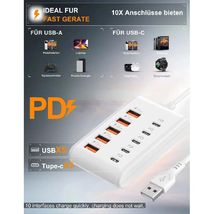 10 Ports USB Charger Fast Charging Power Strip USB Type-C Electrical Socket Adapter For Home Office Desktop Charging Station