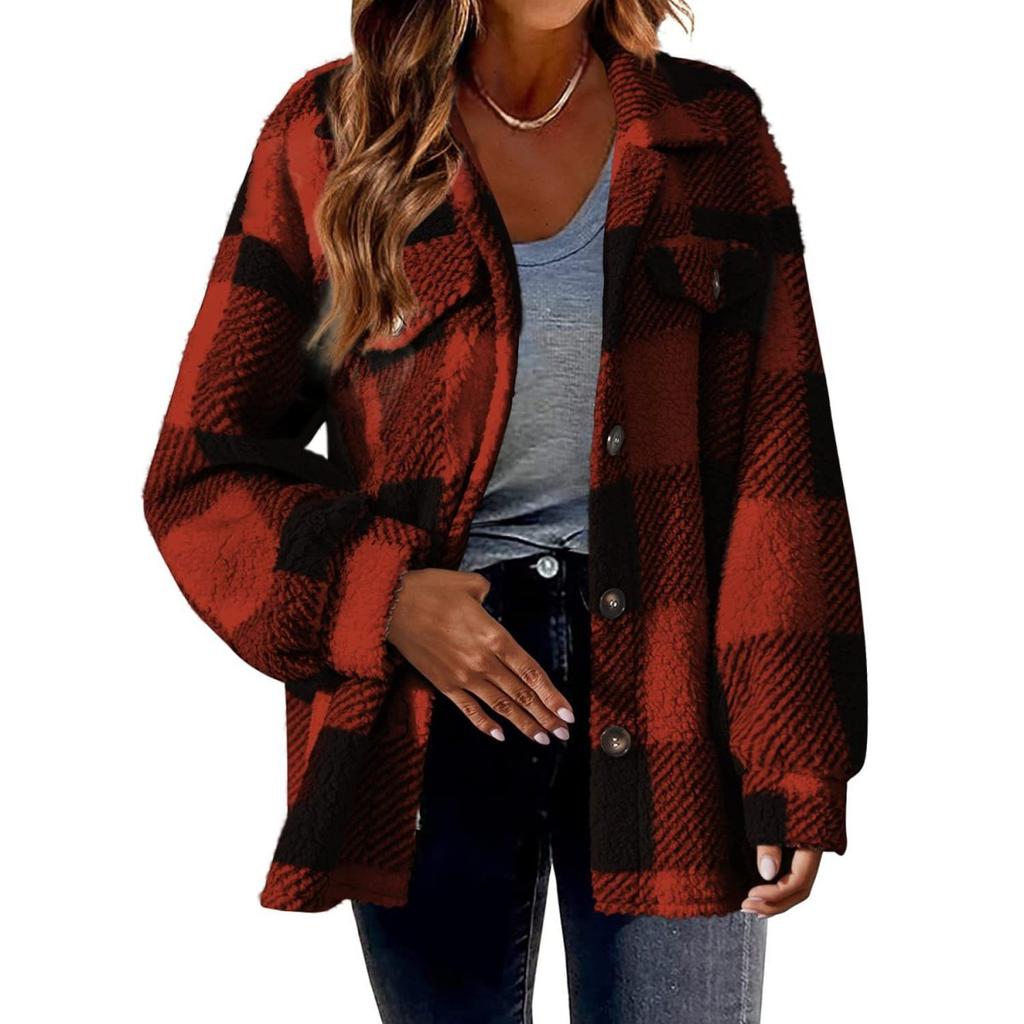 Plaid Pattern Button Front Teddy Coat, Peplum Long Sleeve Winter Warm Coat, Women's