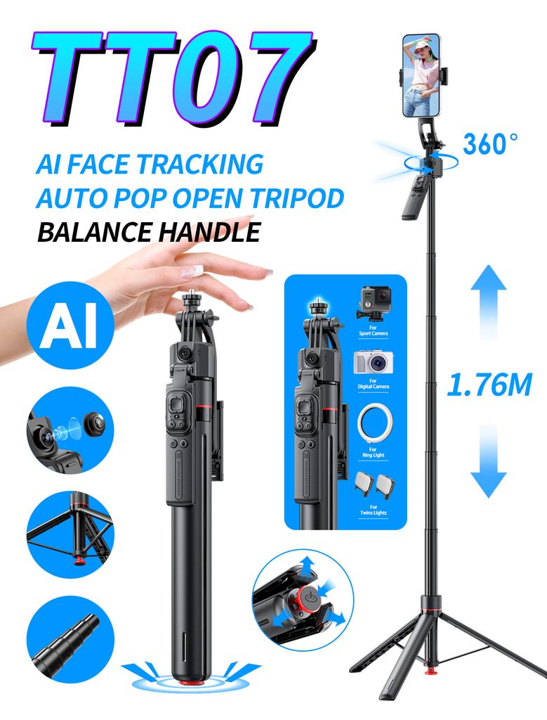 TT07 Telescopic Selfie Stick 1760mm Tripod with AI Face Tracking 360 Degrees Rotation Wireless Remote Control for Phone