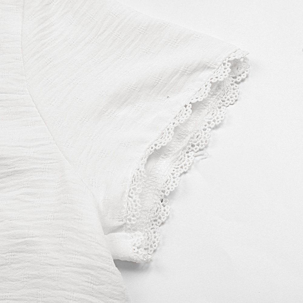 Damskie letnie bluzki koszulowe z krótkim rękawem i dekoltem w kształcie litery V, z koronkowym panelem