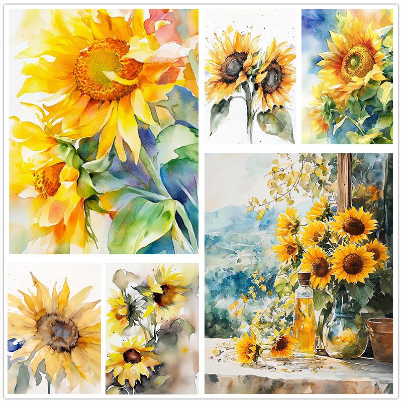 Zonnebloem Stilleven Aquarel Schilderij Natuur Poster Canvas Olieverf Schilderij Prints Muurschildering Woonkamer Huis Decoratie