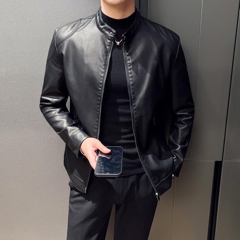 Men's Retro PU Leather Motorcycle Jacket with Stand Collar