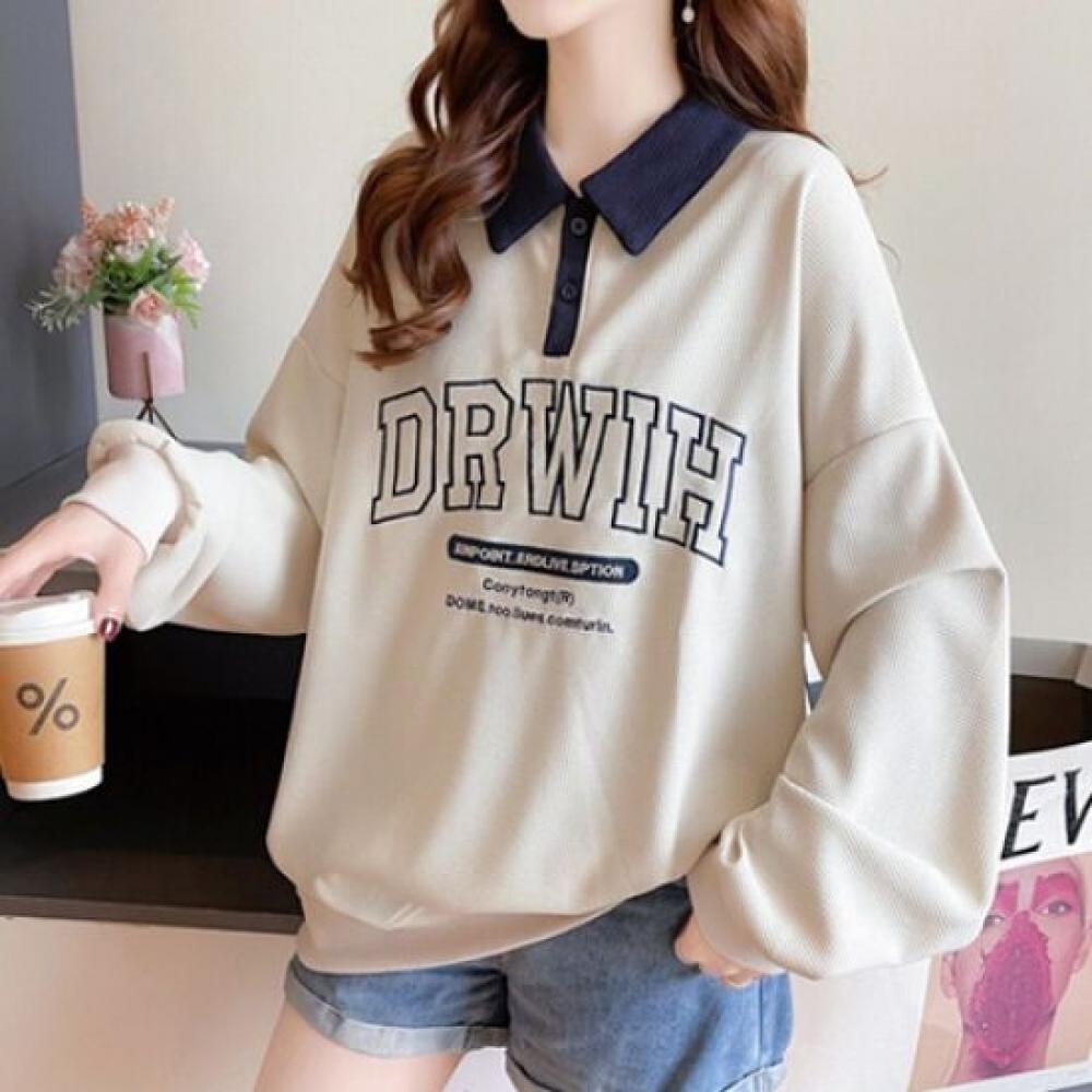 Navava Women Lettering Loose Fit Long Sleeve Collar Sweatshirt Nt1930