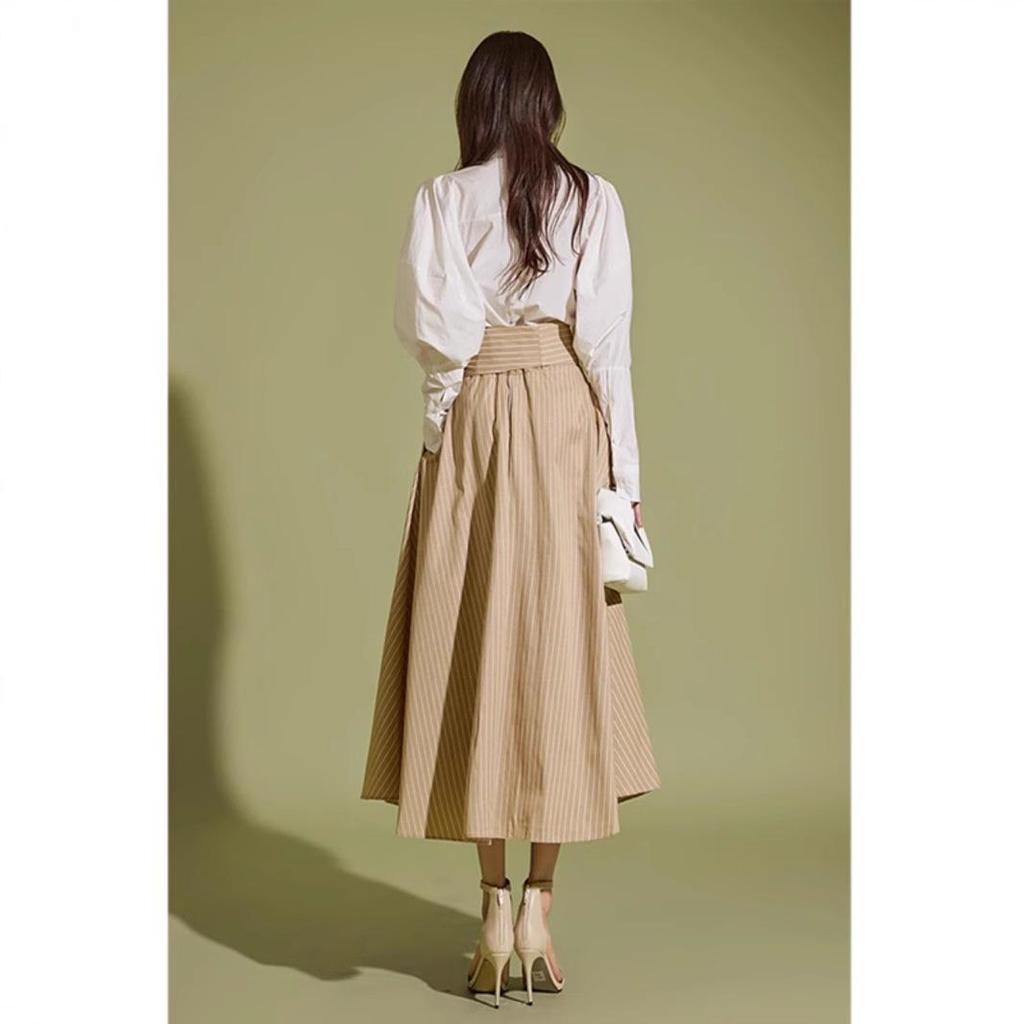Women's Striped Irregular Midi Skirt, 2025 Spring/Autumn Collection, High Waist Tie A-Line.