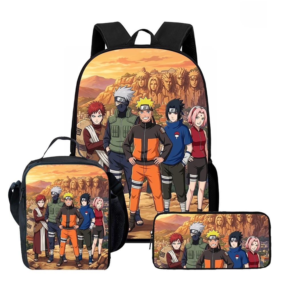 3Pcs Set NARUTO Anime School Rucksack With Front Pocket & Sling Carry Tote & Pencil Bag,Durable&Lightweight,for Boys&Girls Age 6-10