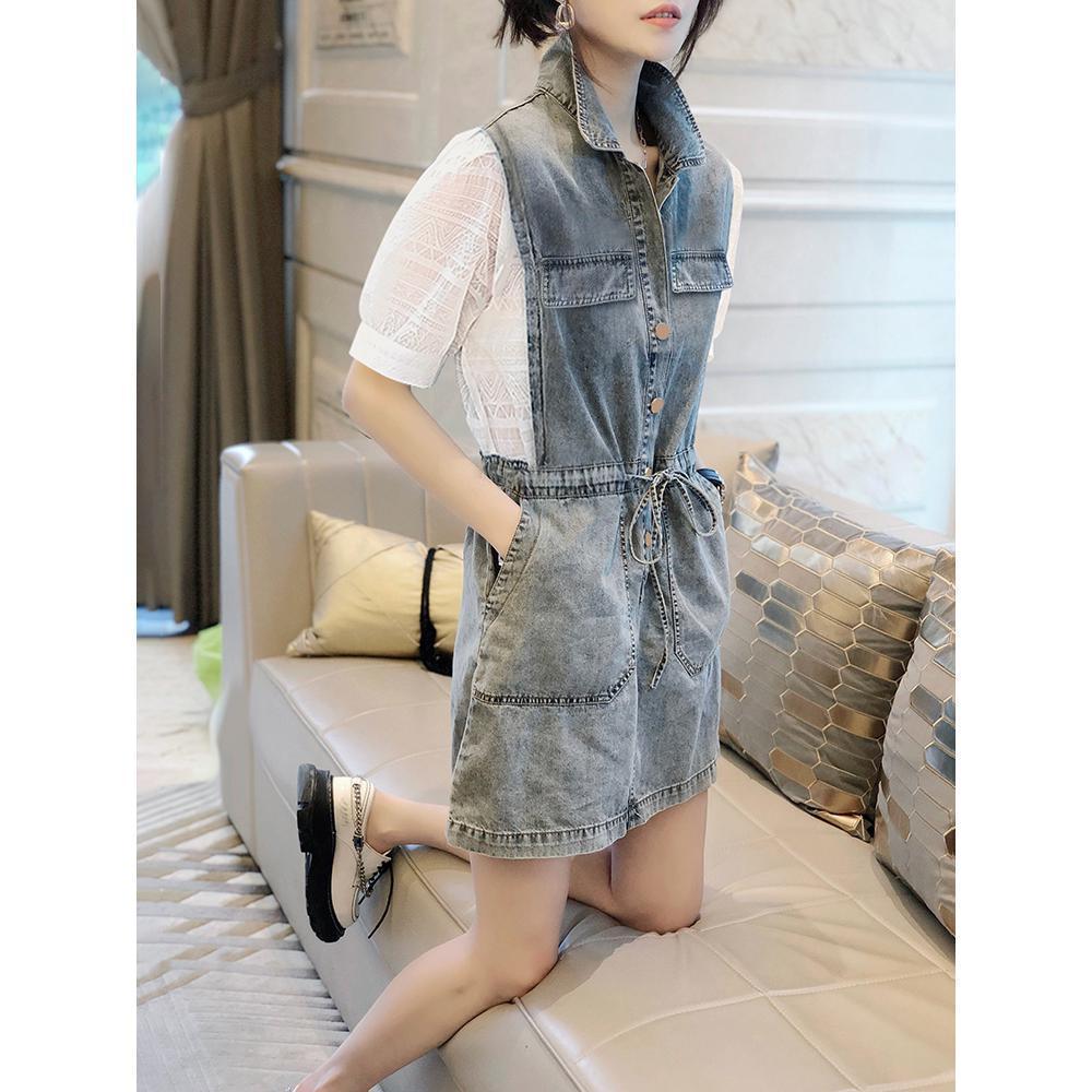 Summer Women Denim Dress Slim Fit Tie Waist V Neck Straight Cut Fashion European Style
