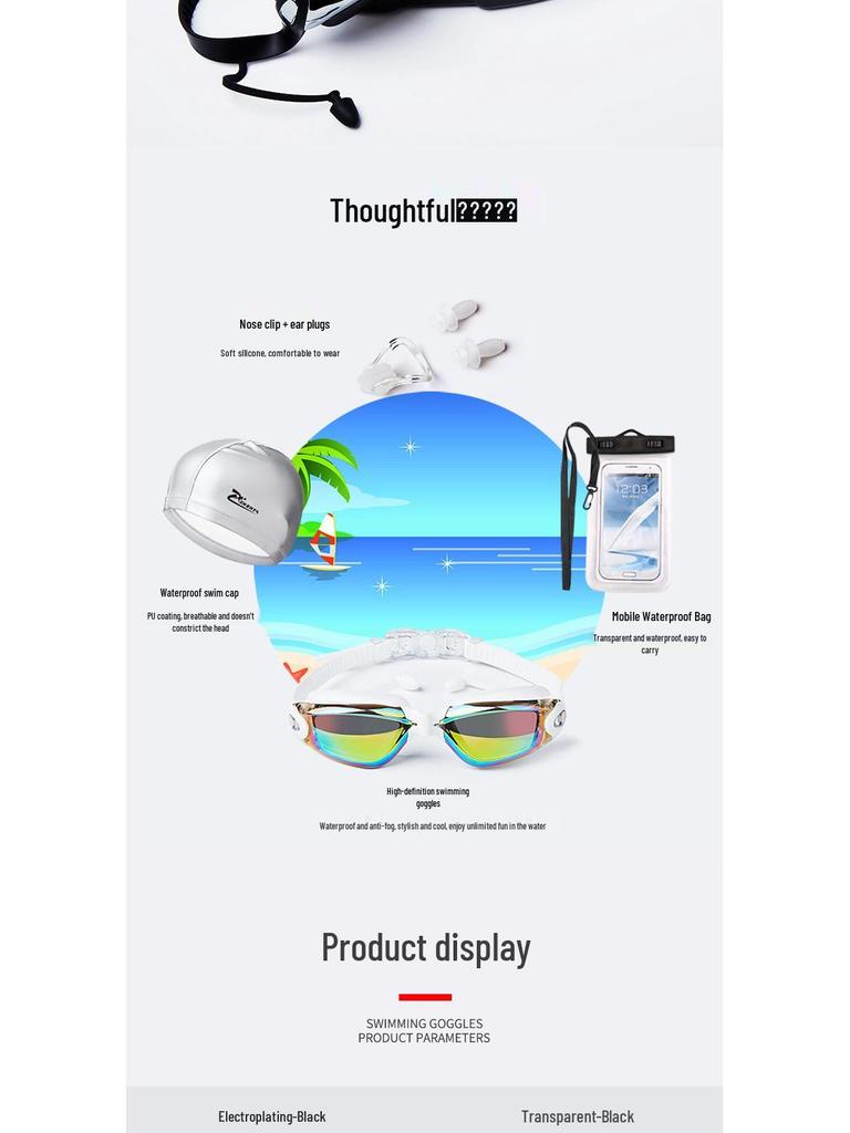 Fike High-Definition Waterproof Anti-Fog Swimming Goggles Set with Swim Cap, Large Plated Frame, Unisex