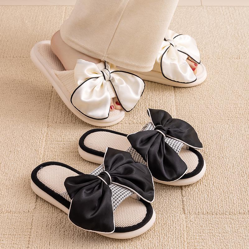Elegant Hairy Slippers Bow Linen Slippers Indoor Sandals Slippers Small Perfume Simple Fabric Cotton Slippers Home Shoes Slippers Pink