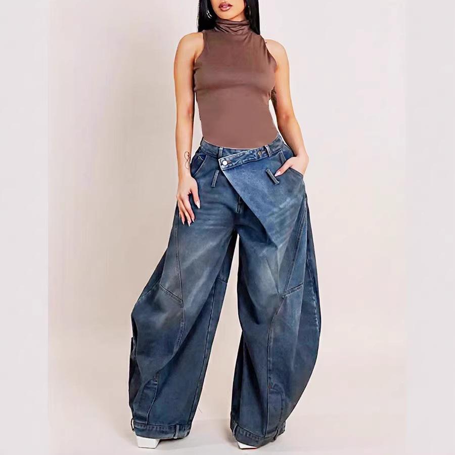 European and American New Retro Old Washed Reverse Waist Women's Jeans Wholesale