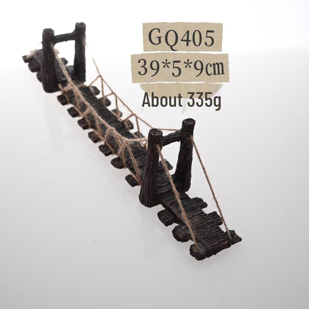 Fish Tank Decor: Artificial Mountain & Wooden Suspension Bridge Set