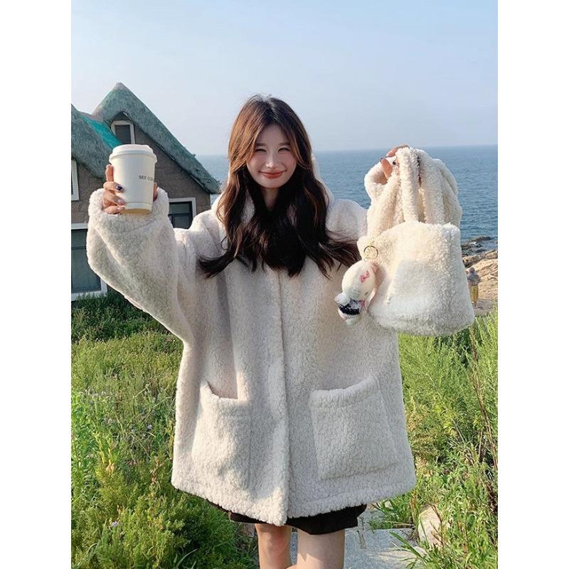 Korean Lamb Fleece Coat Women Winter Thickened Warm Hooded Cotton Jacket Slimming Design