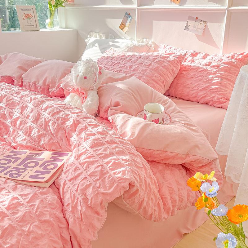 Seersucker Bedding Sets Solid Color Washed Cotton Microfiber Duvet Cover Flat Sheet Pillowcases Soft Bed Linen For Girls