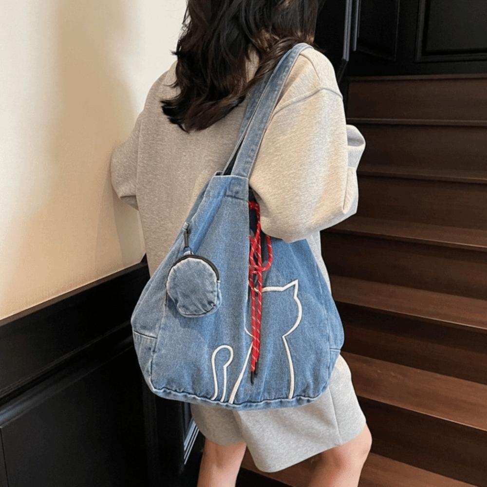 Y2k Kitty Shoulder Bags Denim Drawstring Bag Casual Women Tote Bags Handbag