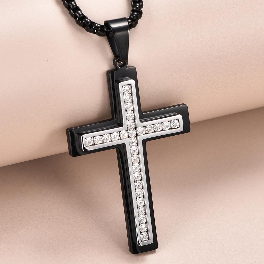 Vintage Zirconic Stone Christian Cross Pendant with Necklace Stainless Steel Prayer Charm Amulet Faith Jewelry Gifts