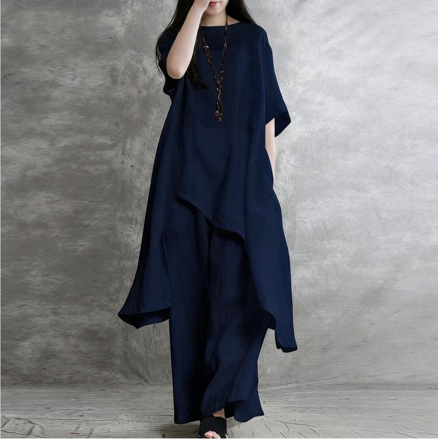 Damen-Retro-Mode-Outfits, unregelmäßige lange Bluse und Hose, Sommer-Zweiteiler-Set