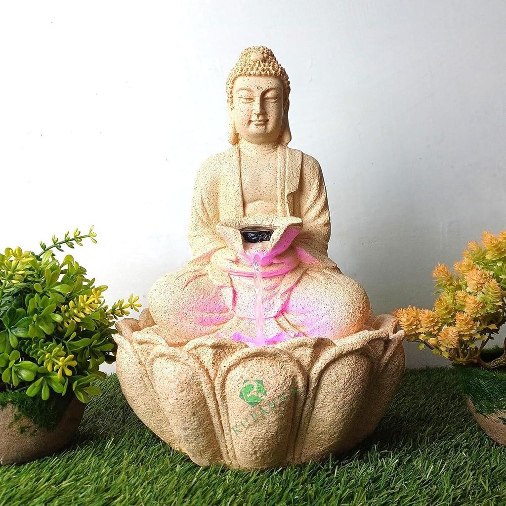 Lotus Buddha Table Top Water Fountain with RGB LED Light for Home Décor/Gift/Vastu/Pooja/Reception/House Warming (Biege Stone)