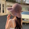 Women Floral Crochet Bucket Hat Ruffle Wide Brim Sun Hat with Chin Strap Breathable Hollow Knit Fisherman Cap for Outdoor Travel Sun Protection
