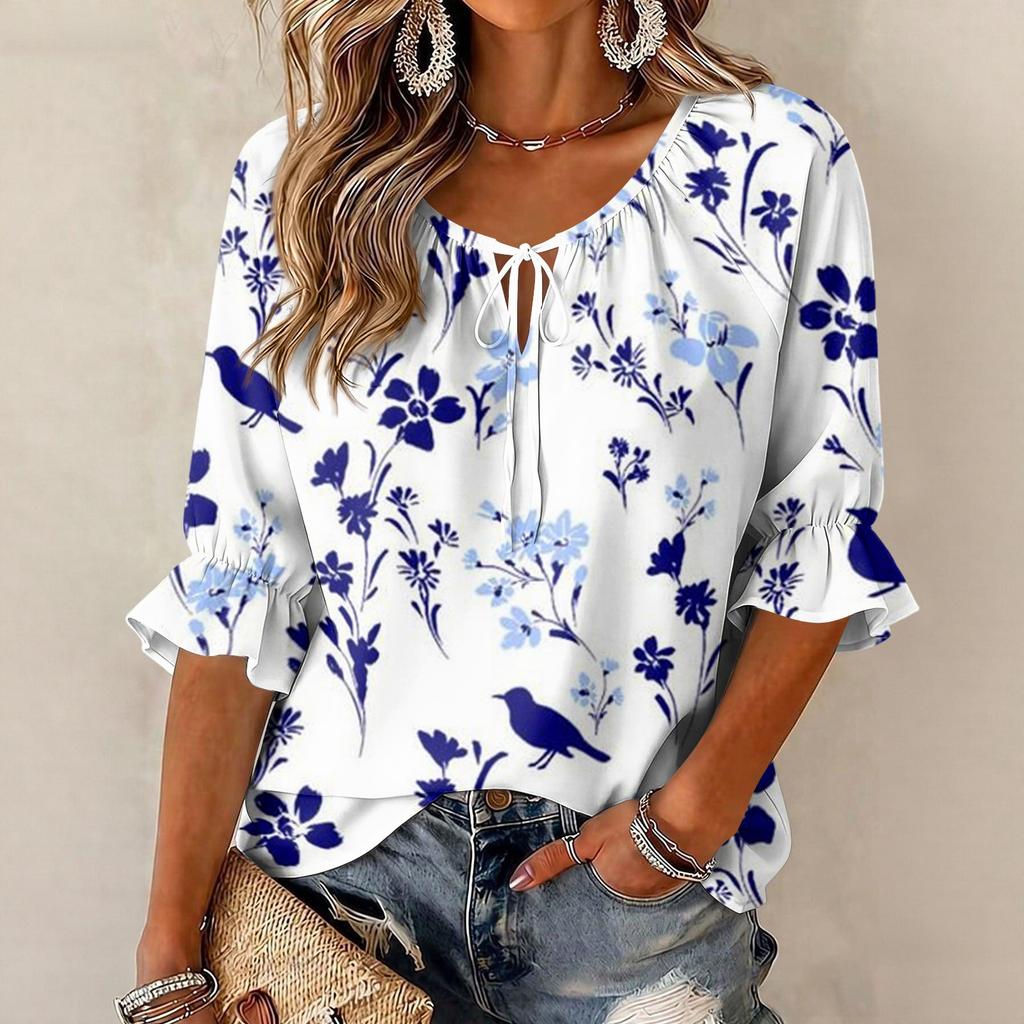 Damen Vintage Bluse mit Blumenprint, Rüschen und Dreiviertelärm, Rundhalsausschnitt und Bindevorderseite