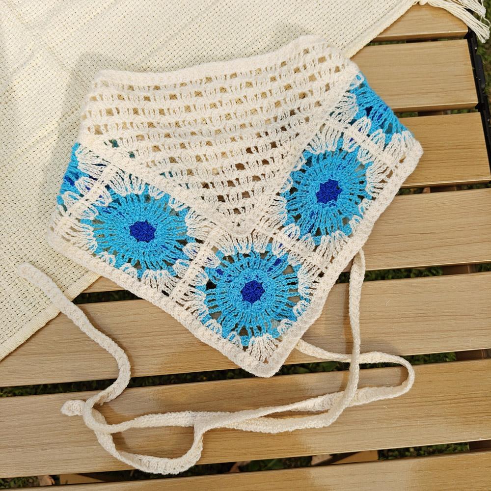 Retro Knitted Triangle Headband Handmade Crochet Hollow Floral Bandana French Sweet Hair Scarf Kerchief Korean Photo Headscarf