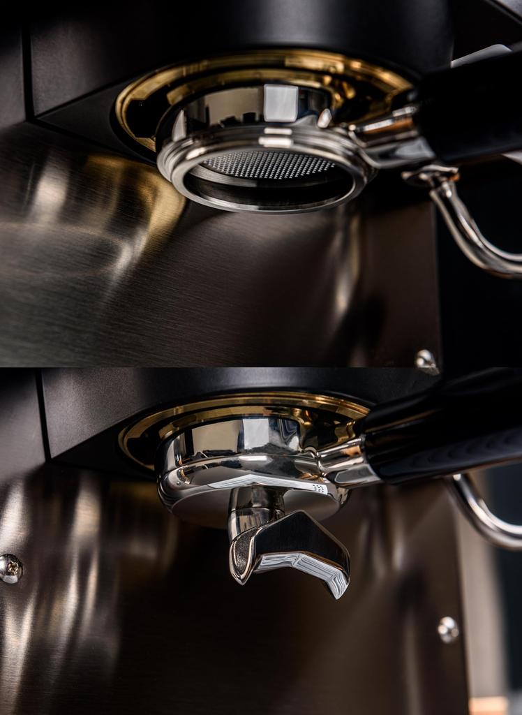 La mellow Hybrid Portafilter 58mm for E61 Group Head Espresso Machines, Bottomless with Double Spout, Removable Blind Filter Basket Included
