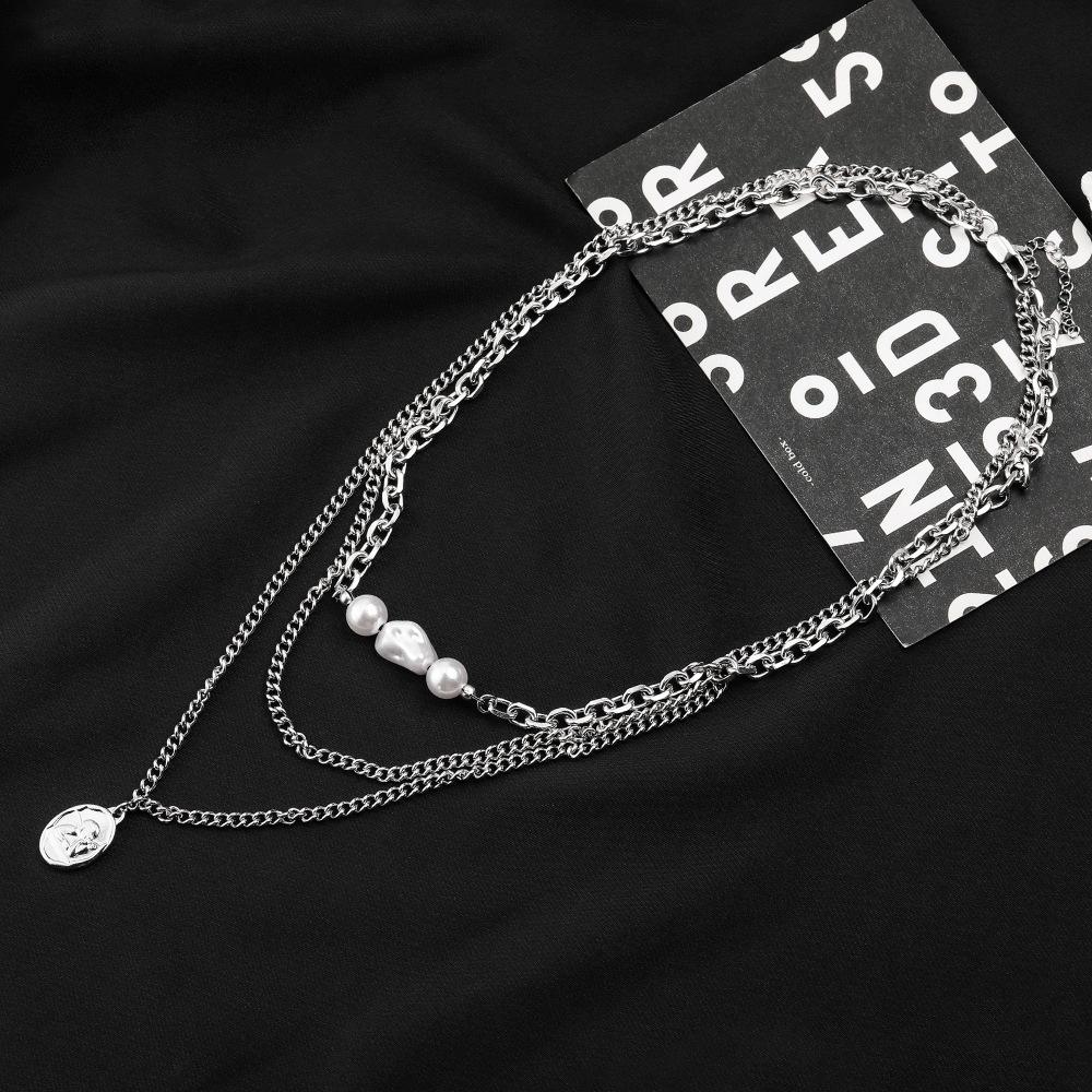 Trendy Titanium Steel Angel Pendant Necklace: Double Layer with Stainless Steel and Pearl for Men & Women