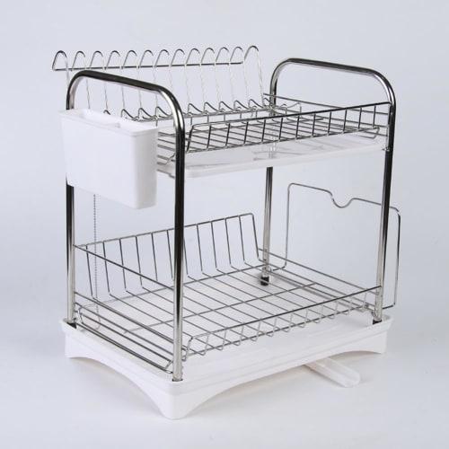 Dish Dryer/Drainer, 2-Tier, Large Capacity, Over-the-Sink Drainer with Automatic Drainage, Stainless Steel, Slim Design, Holds Plates, Chopsticks, Pot