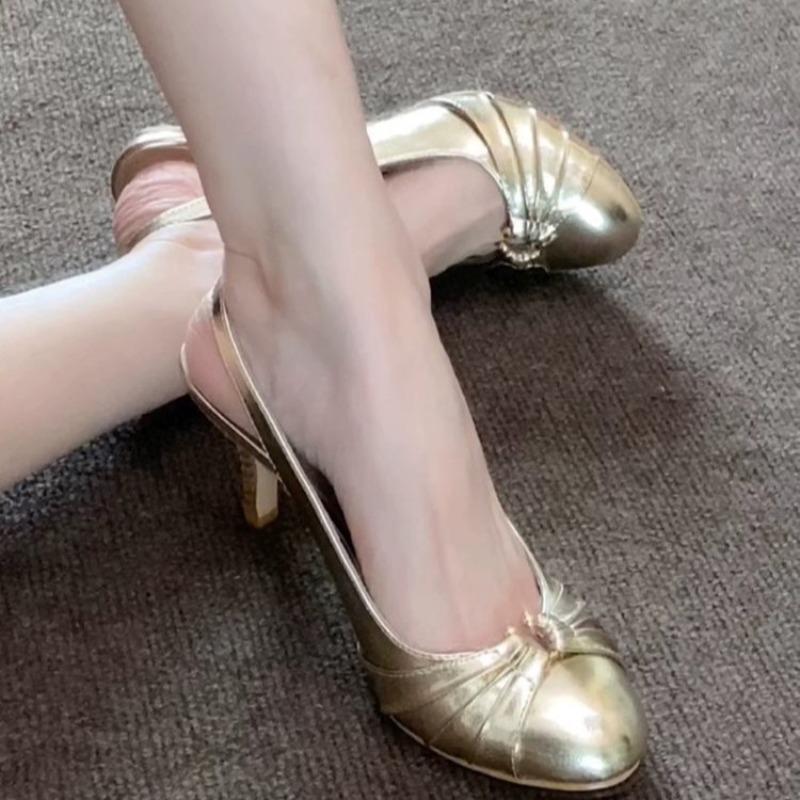 2026 Beautiful Gentle Stiletto Sandals Women s Summer Outside Pleated Open Toe Roman Heels 34 золотой